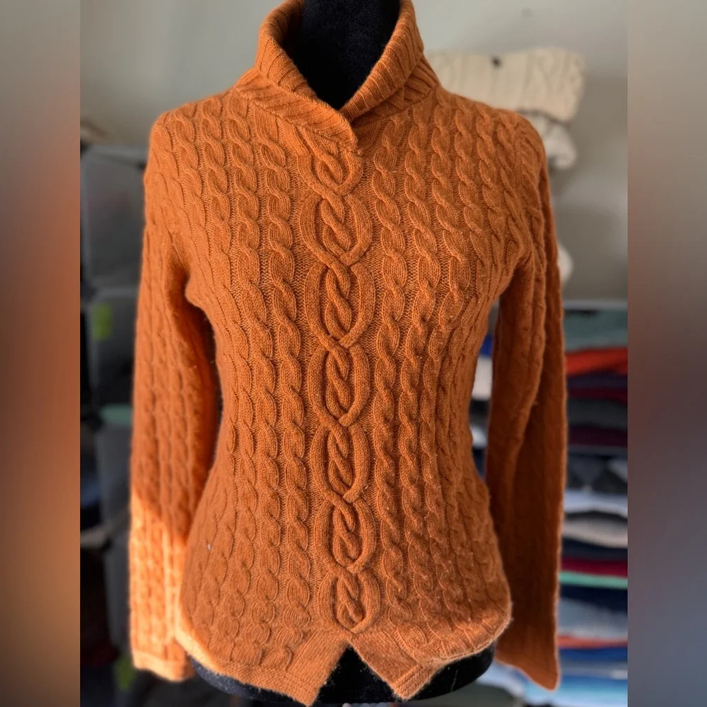 Cashmere Cable Knit Orange Sweater, Shawl Collar. Measures Small-Medium_6